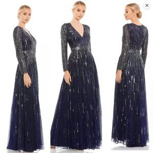 MAC DUGGAL 4977 SEQUINED V-NECK ILLUSIONS SLEEVE A-LINE MIDNIGHT NAVY GOWN sz 18